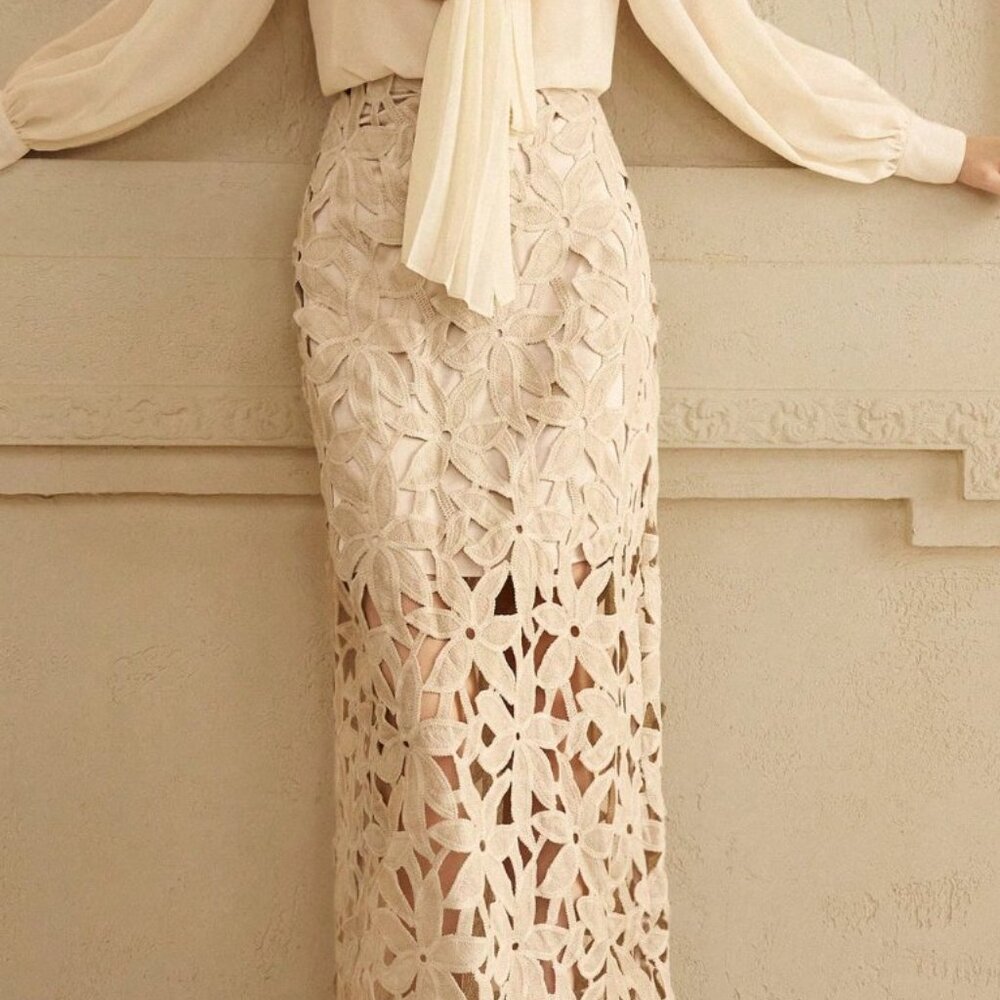 Khaki Casual Women's Floral Lace Cutout A-Line Skirt - Picture 6 of 9